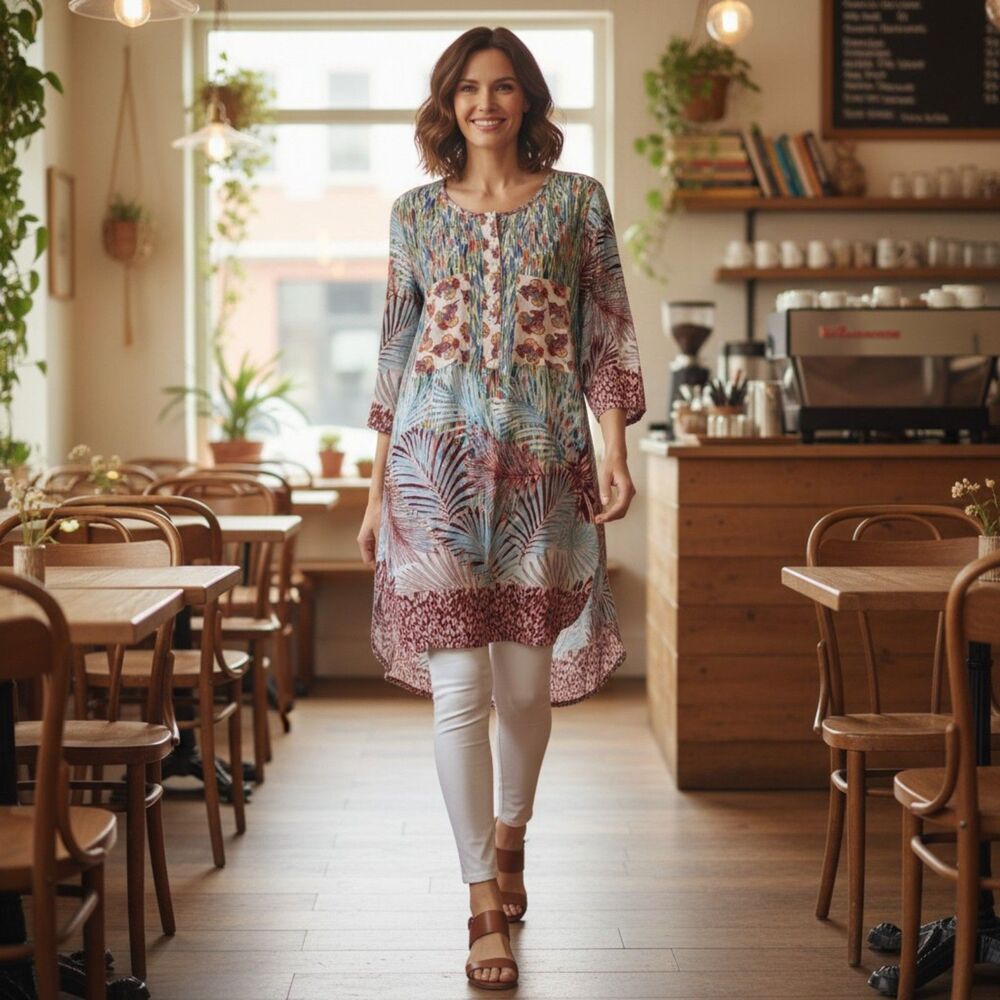 Fig and Flower Anthropologie Cover Up Boho Floral Palm Print Tunic Top Women's M